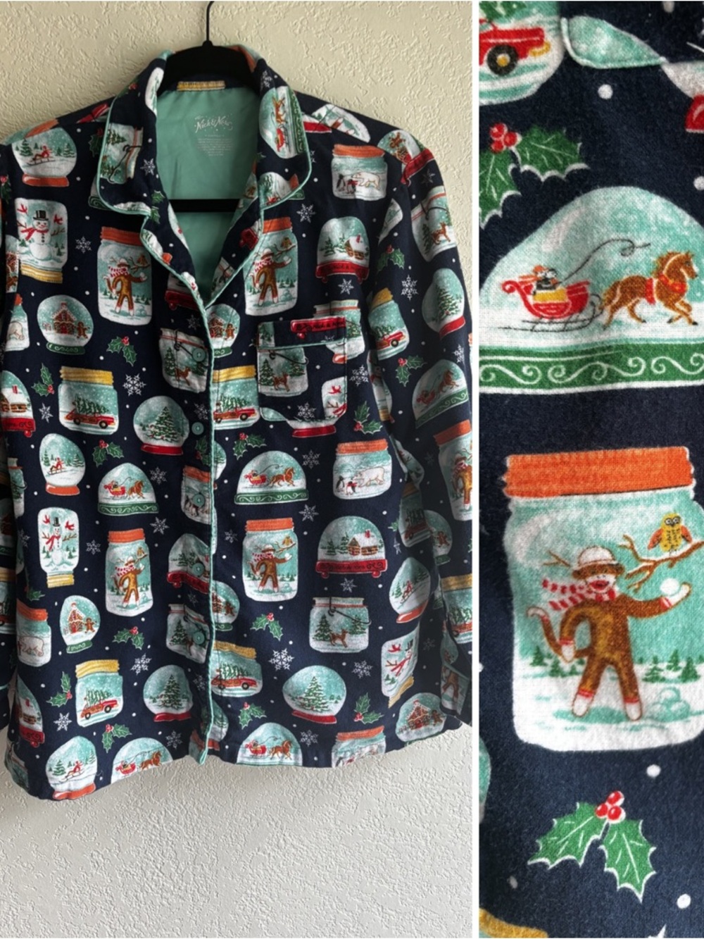 Nick & Nora SOCK MONKEY CHRISTMAS WINTER Snow Globe Pajama TOP WOMEN L